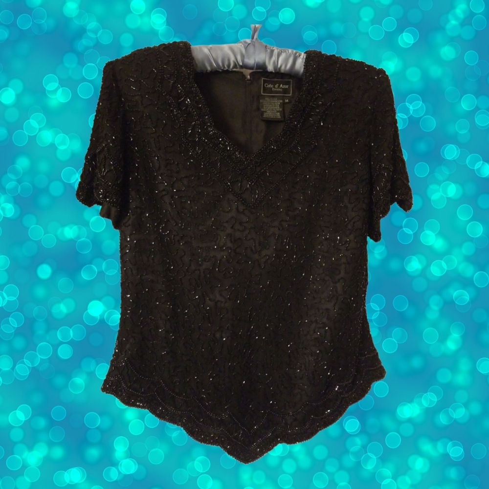 Cote d Azur Black Beaded Silk Short Sleeve Top; Size Medium